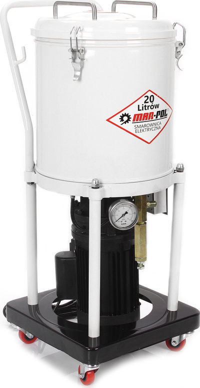 Pajisje elektrike lubrifikimi Mar-Pol 20L, motor 1.5kW, set 110 niple yndyre, e bardhë
