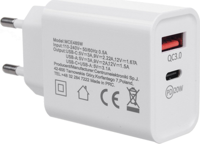 Karikues rrjeti Maclean MCE485W, 20W PD QC 3.0, USB edhe USB C, i bardhë