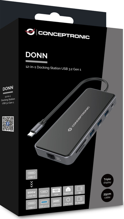 Docking station Conceptronic DONN15G, USB C, 12 në 1, gri