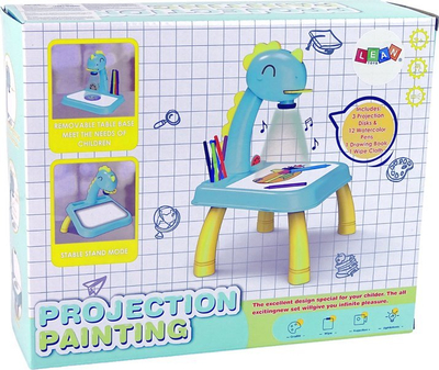 Tavolinë vizatimi me projektor Leantoys Dinoz, set me disqe dhe lapsa, blu e verdhë