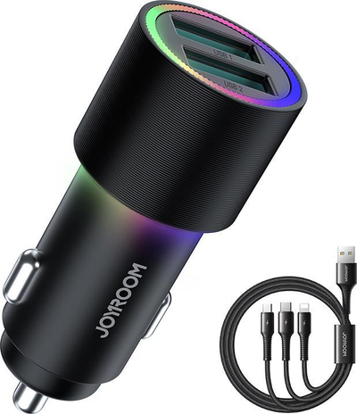 Karikues makine Joyroom JR-CL12, 24W 4.8A, 2 porta USB, me kabllo 3 në 1, i zi