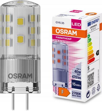 Llambë LED Ledvance PARATHOM PIN 12V, 4W 2700K, bazë GY6.35, transparente