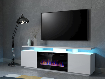 Komodë TV Bed Meble Eva, oxhak elektrik, 180x40x52cm, e bardhë me shkëlqim