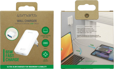 Karikues muri 4smarts FlatPlug Slim Dual, 65W GaN, 2x USB C, i bardhë