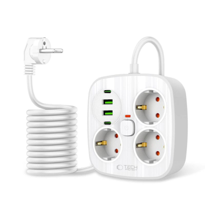 Продолжен приклучок Tech-Protect PCS3X4, 3 излези, 2xUSB-A 2xUSB-C, кабел 2m, бела