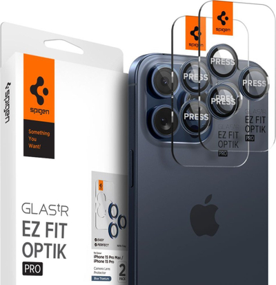 Mbrojtës kamere Spigen Glass tR EZ Fit Optik Pro, set 2 copë, iPhone 15 Pro 15 Pro Max, blue titanium
