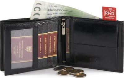 Portofol për meshkuj Peterson PTN N01 VT, lëkurë natyrale me shkëlqim, RFID, i zi