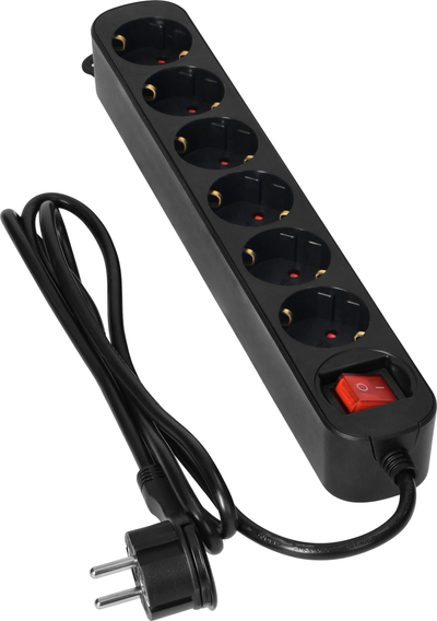 Zgjatës elektrik Schuko me 6 vrima, kabllo 3 metra, me çelës, i zi