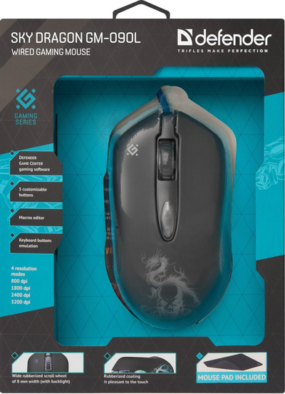 Mouse gaming Defender Sky Dragon GM-090L, 3200 DPI, me kabllo, i zi