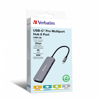 Hub USB C Verbatim CMH 08, 8 porta, lexues kartele SD MicroSD, gri