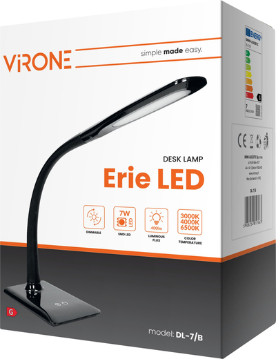 Lampë tavoline ERIE LED DIM 7W, 400lm, me zbehje, 3 ngjyra drite, e zezë