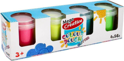 Plastelinë MEGA CREATIVE Modeling Clay Glitter, set me 4 ngjyra, për kalamaj 3+