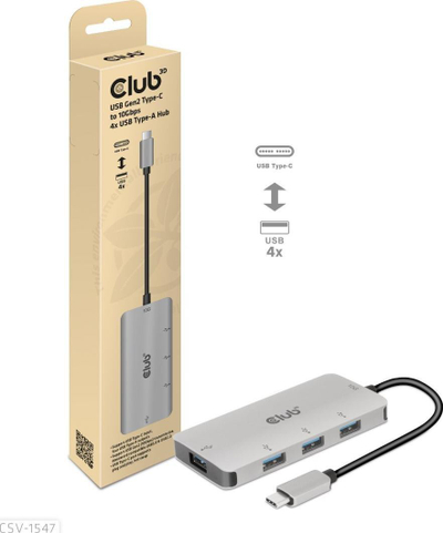 Hub USB Club3D CSV-1547, USB-C në 4x USB-A, 10Gbps, argjendtë