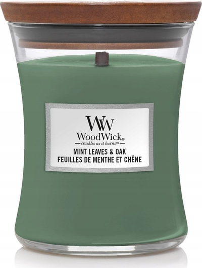 Qiri me erë Woodwick Mint Leaves, 275g, kavanoz druri, jeshil