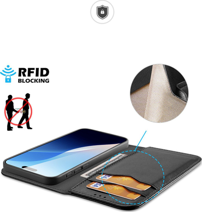 Këllëf telefoni Dux Ducis Hivo për iPhone 16, lëkurë, portofol RFID, i zi