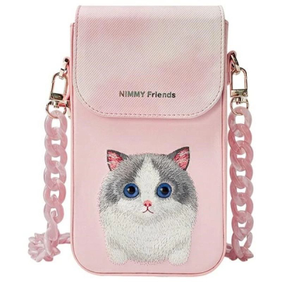 Set aksesorësh telefoni Nimmy Big Eyed Cat, çantë telefoni-portofol edhe mbajtëse për locator, rozë