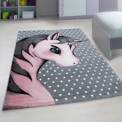 Tapet për kalamaj Ayyildiz Carpets Kids 590, lesh i shkurtër 12 mm, me njëbrirësh, rozë e gri