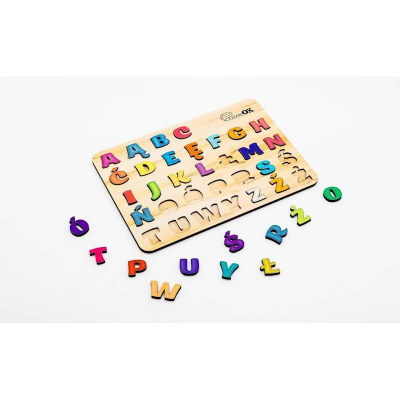 Puzël alfabeti druri PuzzleOK Wooden Alphabet 11229, shkronja shumëngjyrëshe