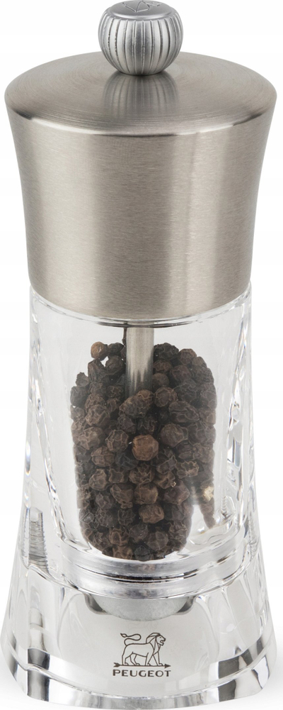 Mulli manual për piper Peugeot Ouessant, 14cm, çelik inox dhe akrilik transparent