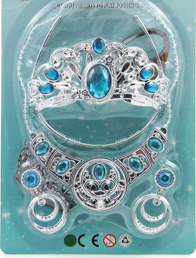 Сет накит за деца ADAR Beauty 514447, дијадема принцеза, ѓердан и обетки, сребрена со сини камчиња