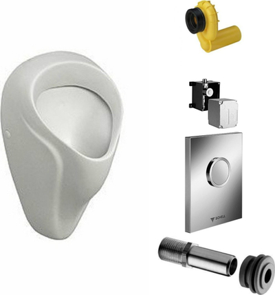 Urinal muror Geberit Alex, hyrje uji nga prapa, dalje horizontale, i bardhë