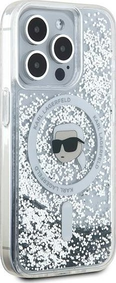 Mbrojtëse telefoni Karl Lagerfeld Liquid Glitter Karl Head, për iPhone 15 Pro Max, MagSafe, transparente