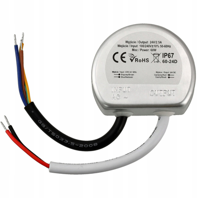 Transformator LED A6012Y, 24V DC, 60W 2.5A, IP67, për montim fshehur