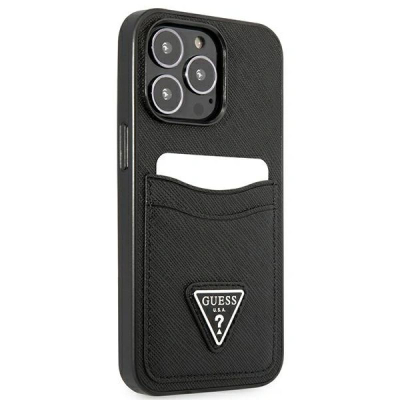 Çfutëse telefoni Guess GUHCP13LPSATPK për iPhone 13 Pro / 13 6.1", Saffiano, me xhep kartash, e zezë