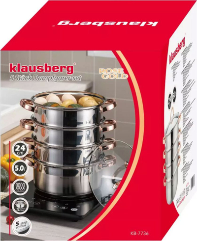 Enë gatimi me avull Klausberg KB 7736, 24cm, 5L, çelik inox rose gold