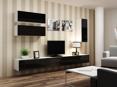 Komodë TV Cama Meble Vigo 140, 140 cm, me dyer, e bardhë e zezë me shkëlqim