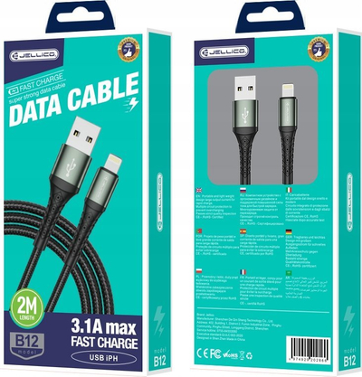 Kabllo karikues JELLICO B12 Lightning, 3.1A, 2m, e zezë