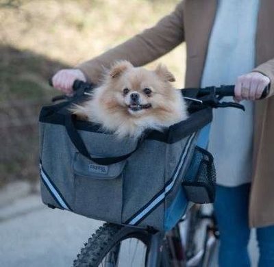 Çantë për qenin për biçikletë Kerbl Bike Dog Carrier, për në timon biçiklete, me shirita që ndriçojnë, gri