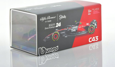 Maket makine F1 Alfa Romeo C43 Zhou Guanyu, 1:43, me vitrinë, kuqe me të zezë