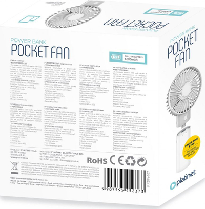 Ventilator dore Platinet Pocket Fan, power bank 4000mAh, i bardhë