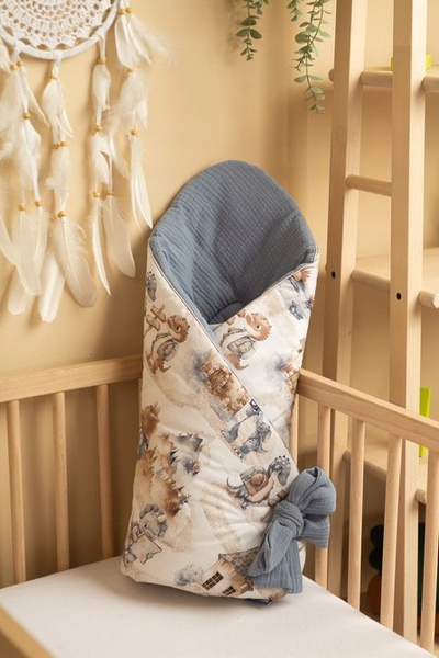 Mbështjellëse bebe Baby Nest Cone Muslin Dragons, 75x75 cm, blu jeans