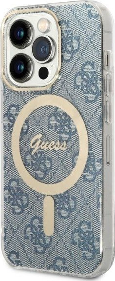 Set aksesorësh Guess GUBPP14LH4EACSB për iPhone 14 Pro, kapak i fortë MagSafe, karikues wireless, blu