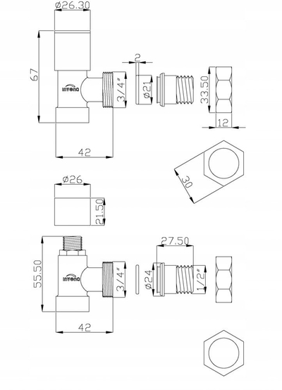 Set valvulash radiatorësh inline dhe këndore, 1/2" BSP, 15mm, e bardhë me krom