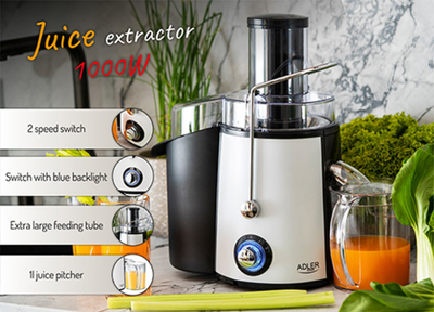 Shtrydhëse frutash Adler AD 4128, 1000W, shishe 1L, inox