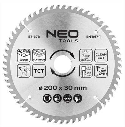 Teh rrethor NEO Tools 57-678, 200 x 30 mm, 60 dhëmbë, metalik