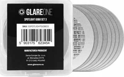 Set gobo për projektor drite GlareOne Spotlight Gobo Set 3, 8 maska, diametër 66 mm