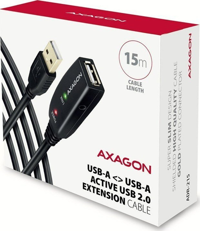 Активен продолжувачки USB кабел Axagon ADR-215, USB A во USB A, 15 m, црн
