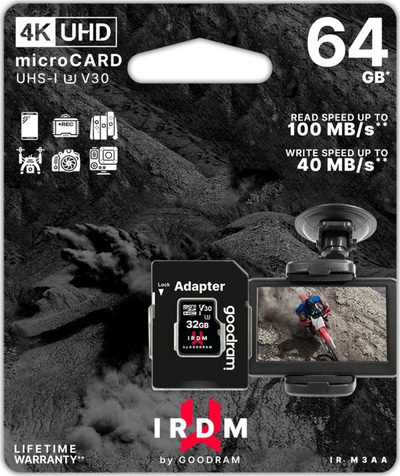 Kartë memorie microSD Goodram IRDM M3AA, 64GB, UHS I U3 V30, e zezë