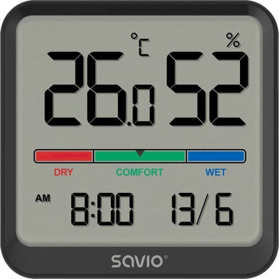 Senzor temperature dhe lagështie Savio CT-01/B, ekran LCD, montim në mur, i zi