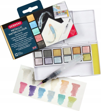 Set bojërash uji Derwent Metallic Watercolour, 12 half pans, metalike, në kuti plastike të bardhë