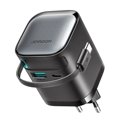 Karikues muri Joyroom TCL02 GaN, 65W, me kabllo USB‑C tërheqëse, i zi