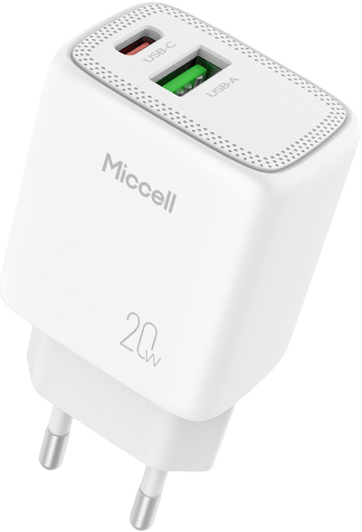 Karikues rrjeti Miccell VQ-T15, 20W, USB-A dhe USB-C, i bardhë