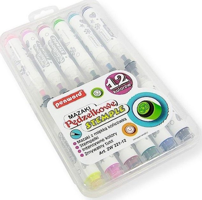Set markerësh brush Interdruk me vula, 12 ngjyra, shumëngjyrëshe