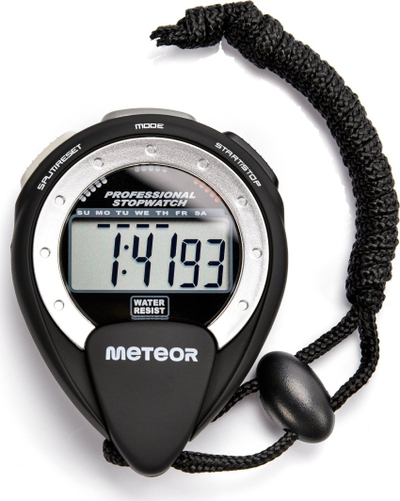 Kronometër digjital Meteor Stopwatch, mat 1/100 sekonde, i papërshkueshëm nga uji, ngjyrë e zezë