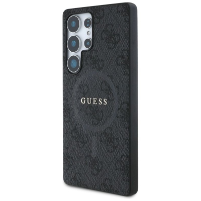 Kuti mbrojtëse Guess 4G Ring Classic Logo për Samsung Galaxy S25 Ultra, lëkurë, MagSafe, e zezë