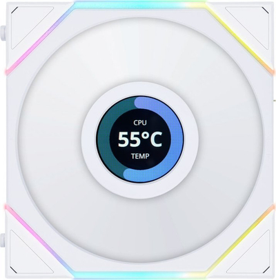 Ventilatorë PC Lian Li Uni Fan TL LCD 120, set me 3 copa, RGB, me hub, të bardhë